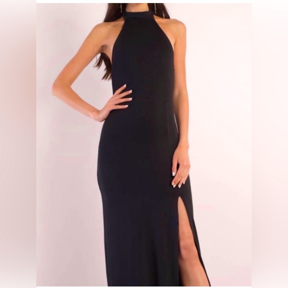 Tobi high necked, low back, floor length, black dress